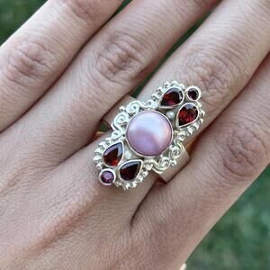 Genuine Garnet and Pearl Ring in 925 Sterling Silver by Sajen